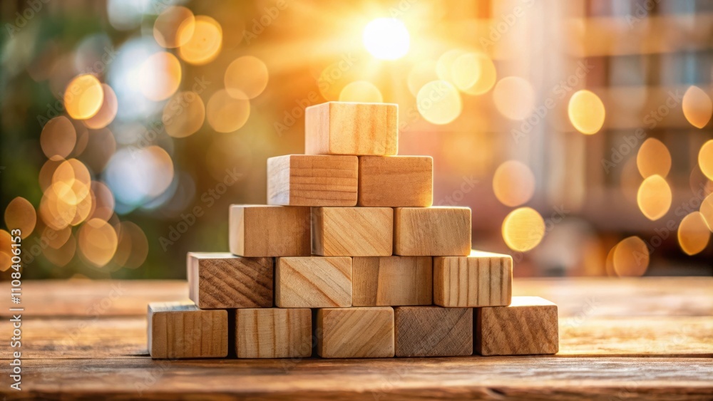 Aufkleber wooden blocks stacked in a pyramid shape, representing a building or development process, with bokeh
