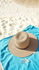 Blue beach towel with a straw hat placed on top at a sunny summer beach, blue towel, beach accessory