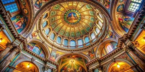 Obraz premium An elaborate vaulted ceiling adorned with intricate gold leaf detailing and vibrant murals depicting religious scenes.