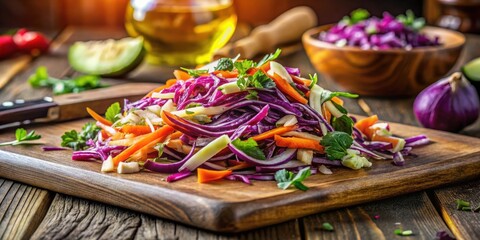 Fototapeta premium A Vibrant Red Cabbage Salad with Carrots, Celery, and Parsley on a Wooden Cutting Board