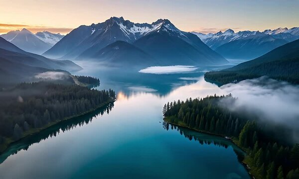Aerial View of Calm Lake Among the Peaks