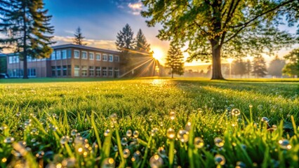 Obraz premium A Low Angle Perspective of Dew Drops Glistening on Grass in the Early Morning Sunlight with a Blurred Building in the Background