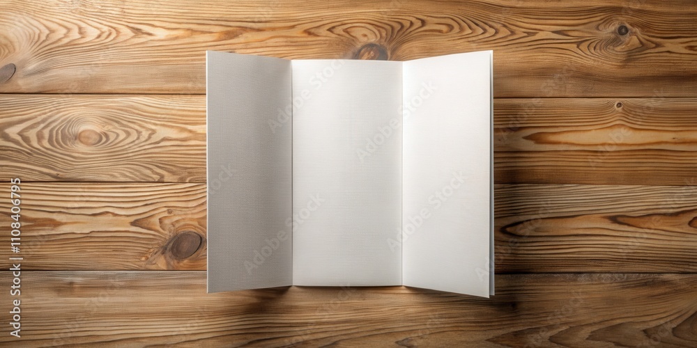 Poster a blank tri-fold brochure sits on a rustic wooden table, ready to be filled with creative ideas and 