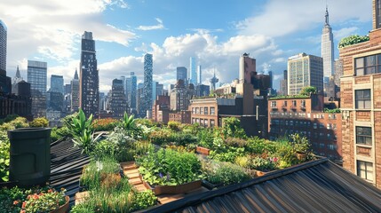 Urban Rooftop Garden with Lush Greenery Overlooking a Vibrant Cityscape, Featuring Skyscrapers and Clear Blue Sky, Perfect for Eco-Friendly Lifestyle Concepts