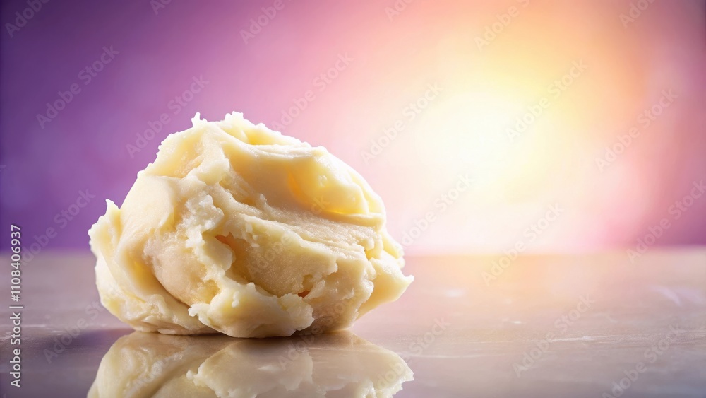 Poster A close-up of a soft, creamy, and smooth confectionery, illuminated by warm light, casting a gentle reflection on a pristine surface.