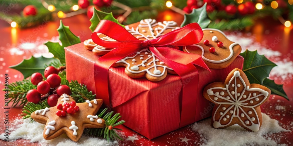 Poster a red christmas gift box adorned with a festive red bow and surrounded by gingerbread cookies and ho