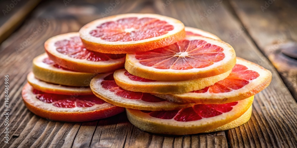 Poster a stack of fresh juicy grapefruit slices on a rustic wooden surface, showcasing the vibrant colors a