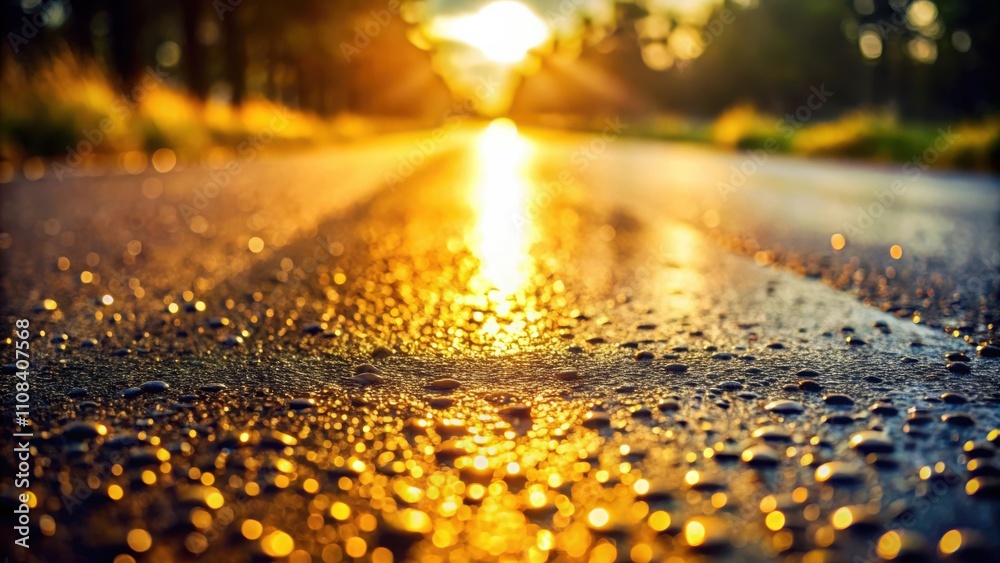 Aufkleber A close-up view of a wet asphalt road reflecting the golden light of the setting sun, creating a shimmering, almost magical effect.