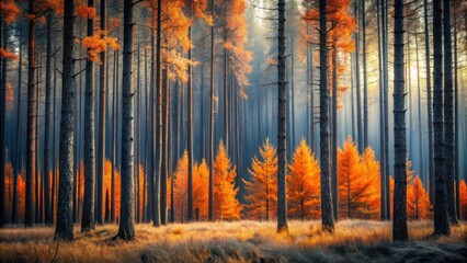 Obraz premium Sunlight filters through the tall, slender pines in a misty forest, casting a golden glow on the autumn leaves.