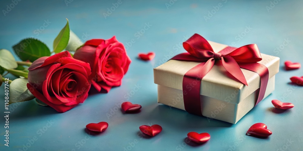 Poster a delicate white gift box tied with a crimson ribbon and adorned with red roses and scattered heart 