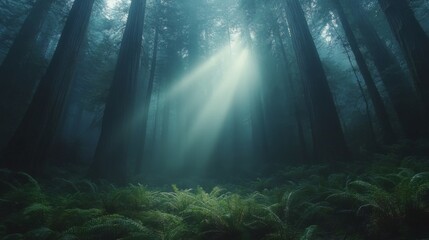 Sunbeams Illuminating a Foggy Redwood Forest Floor