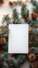A serene blank card surrounded by pine branches, ideal for Christmas and winter holiday designs, social media posts, or minimalist decor.