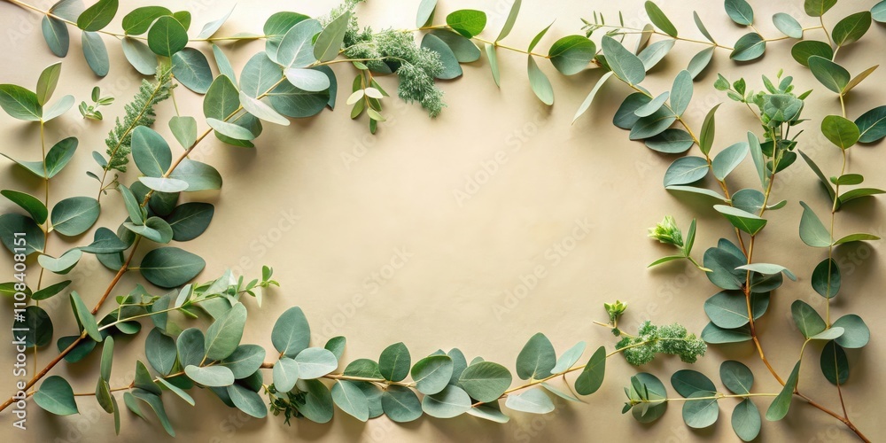 Poster a vibrant green eucalyptus leaf frame on a soft cream backdrop for botanical designs and aesthetic a