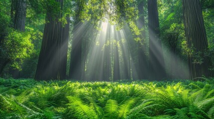 Obraz premium Sunbeams Illuminating a Dense Redwood Forest with Ferns