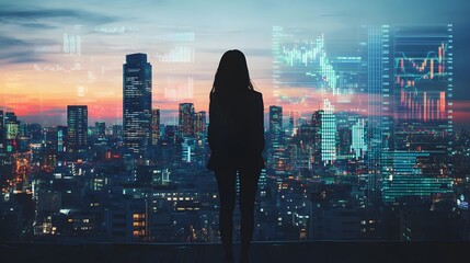 Woman Silhouetted Against Cityscape with Data Overlay
