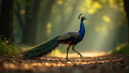 Naklejka premium A male and female peacock side by side, the male in full tail display, creating a beautiful contrast in a natural setting.