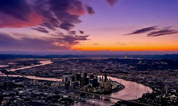 Aerial View of Downtown at Sunset Glow