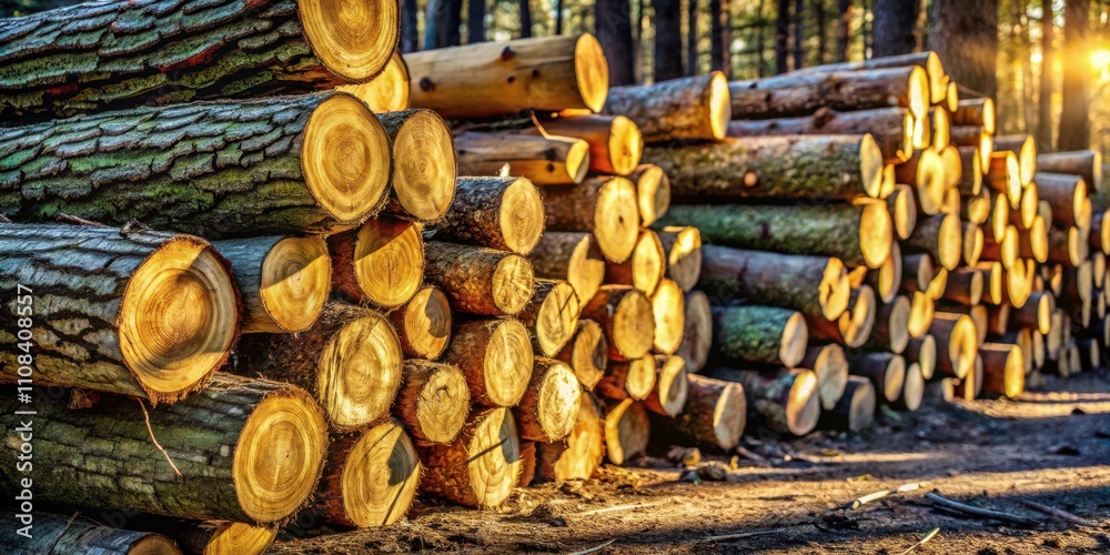 Poster A stack of freshly cut tree trunks, arranged in a geometric pattern, bathed in the warm glow of a setting sun.