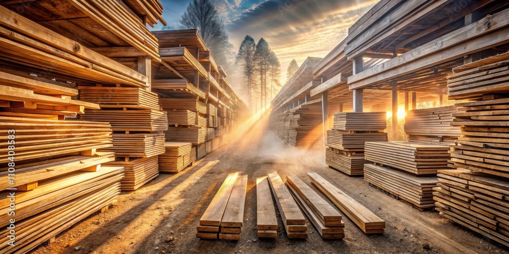 Poster a row of stacked wooden planks in a lumberyard, bathed in the golden glow of the setting sun, creati