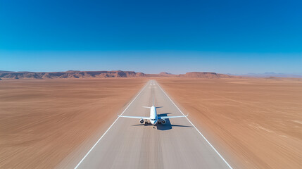 Fototapeta premium Airplane landing on remote desert runway with vast sandy landscape