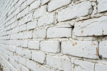 Fototapeta premium Close-up shot of white painted old brick wall with mortar cracks, worn, construction