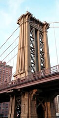 Close-up view of the base of the pillar of Williamsburg Bridge in New York City, construction, iconic