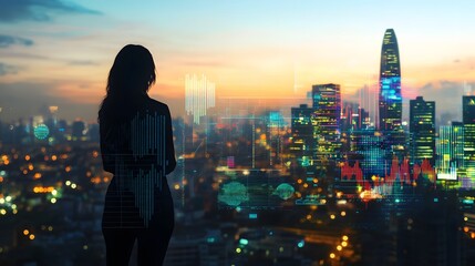 Woman Silhouetted Against Cityscape With Data Overlay