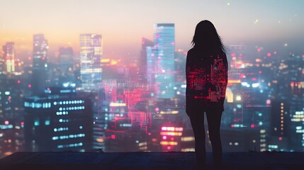 Woman Silhouetted Against Futuristic Cityscape at Dusk