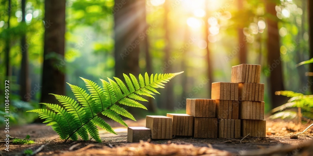 Poster a fern sprouts next to a staircase of wooden blocks in a forest bathed in the warm glow of sunlight.