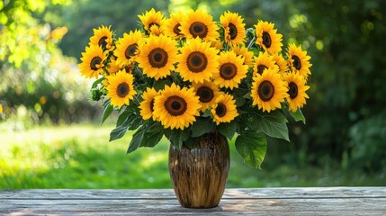 Rustic Vase Filled with Bright Sunflowers on a Wooden Table Surrounded by Lush Greenery in Natural Light