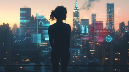 Woman Silhouetted Against Cityscape Viewing Data Displays