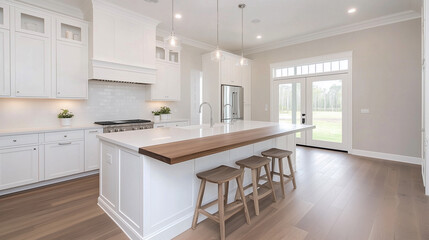 Amazing Luxury Kitchen Interior in white with wooden floor and kitchen island 