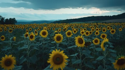 Fototapeta premium Stunning Sunflower Field Under Darkening Skies at Dusk, Showcasing Vibrant Blooms Against a Dramatic Natural Backdrop