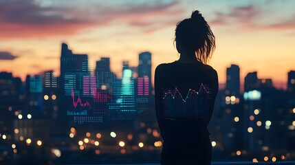 Woman Silhouetted Against City Skyline Viewing Data