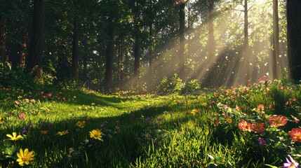 Obraz premium Sunlit Forest Clearing with Bright Green Grass and Colorful Wildflowers Illuminated by Soft Sunbeams in a Peaceful Natural Setting