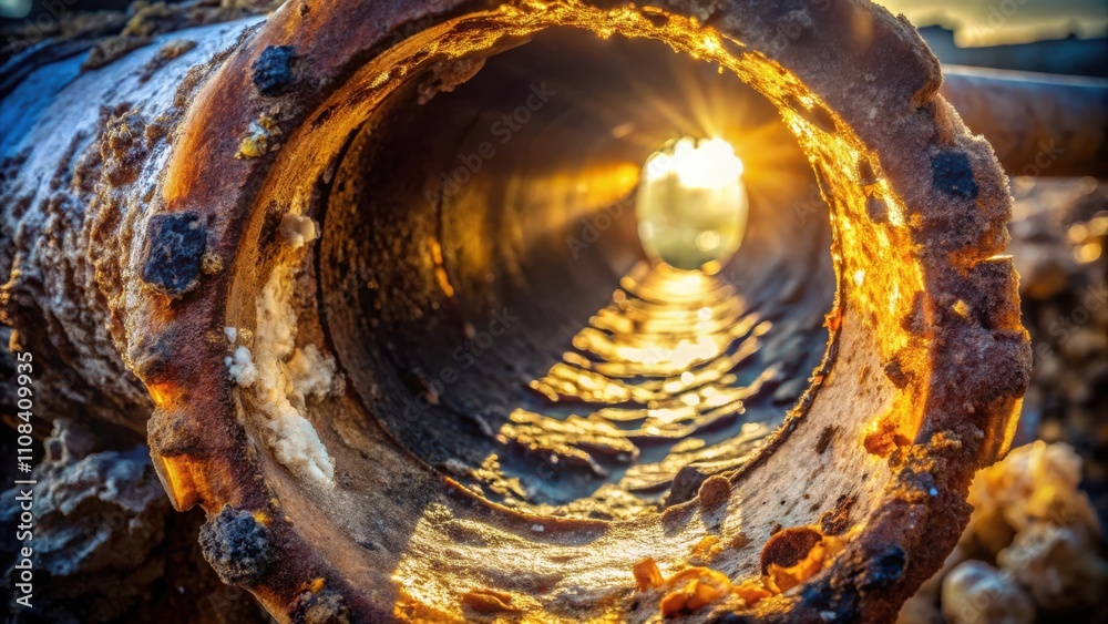 Poster a glimpse of sunlight shining through the worn and weathered opening of a rusted pipe, illuminating 