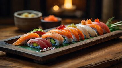 Assorted sushi rolls on wooden tray, garnished with seaweed, sesame seeds, and edible flowers, served with ginger and wasabi.
