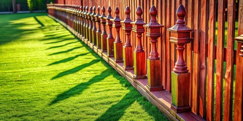 Obraz premium Sunlight dances on a wooden fence with decorative posts, casting long shadows on a verdant lawn