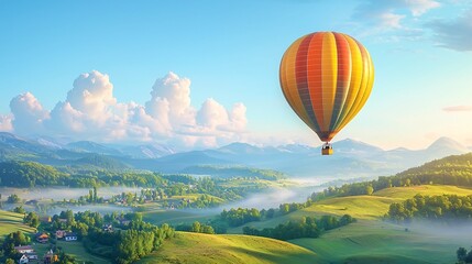 Fototapeta premium Stunning hot air balloon drifting over rolling green hills and picturesque rural landscapes in an aerial adventure through the tranquil countryside
