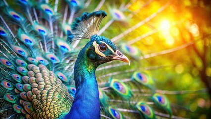 Obraz premium A peacock displays its iridescent plumage, its vibrant colors and intricate patterns a testament to nature's artistry
