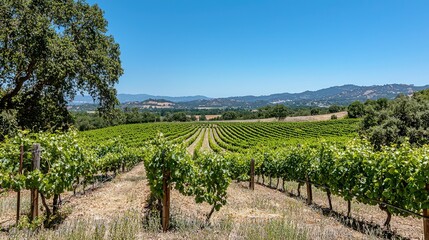 Obraz premium Bright and Sunny Vineyard with Lush Green Grape Vines Stretching into the Distance Under a Clear Blue Sky in Idyllic Countryside Scene
