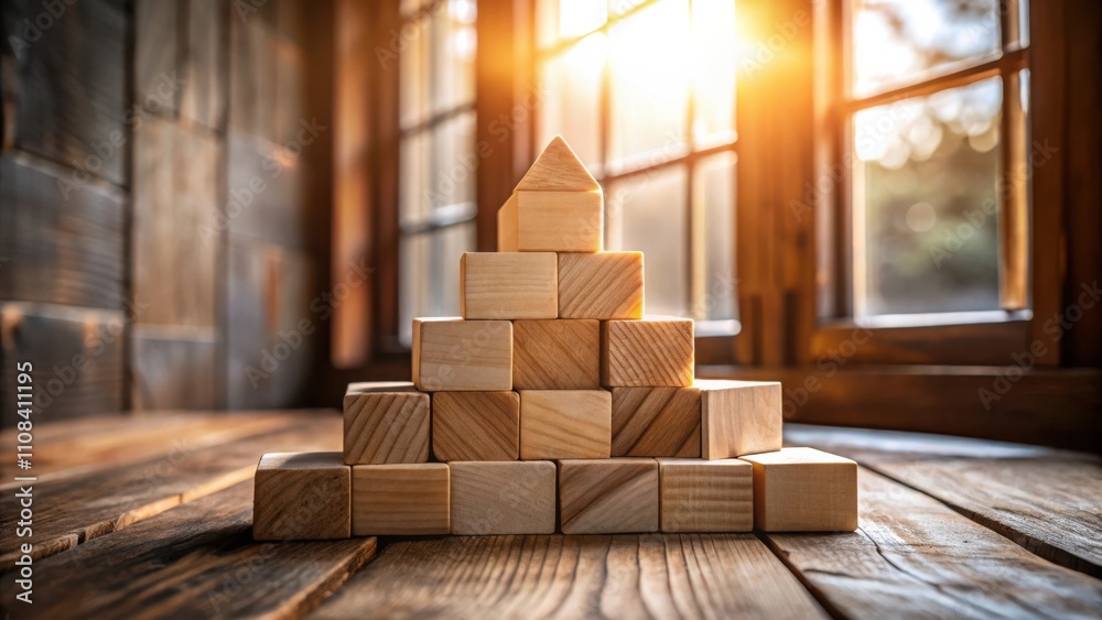 Poster Wooden blocks arranged in a pyramid shape with a warm, sunlit window in the background
