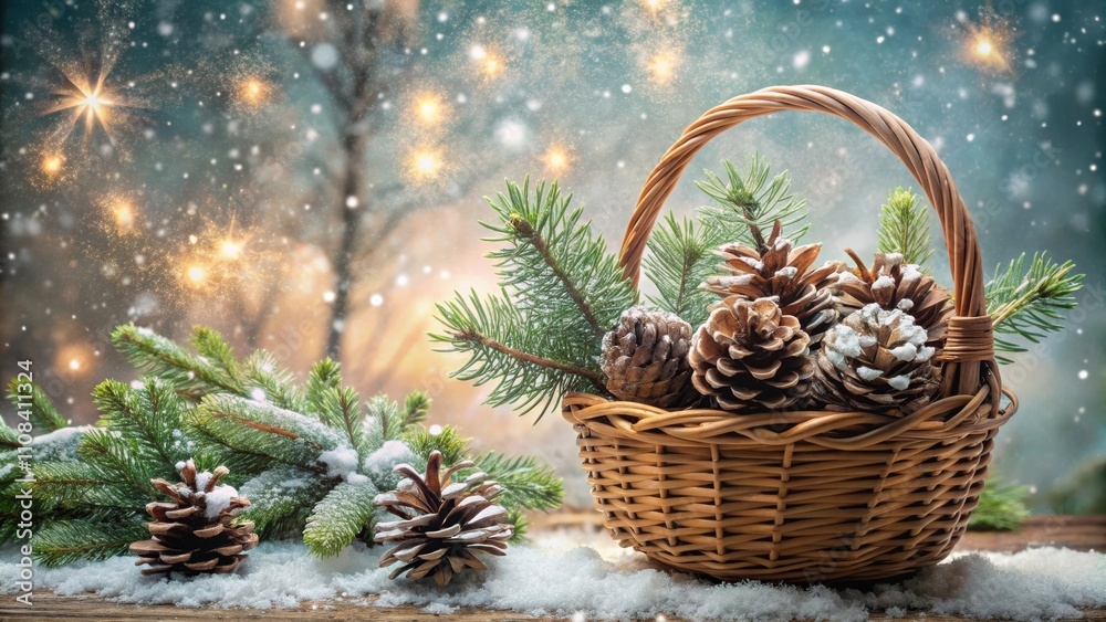Poster Wicker Basket Filled with Pine Cones and Evergreen Branches, Adorned with a Light Snowfall Against a Background of Sparkling Lights