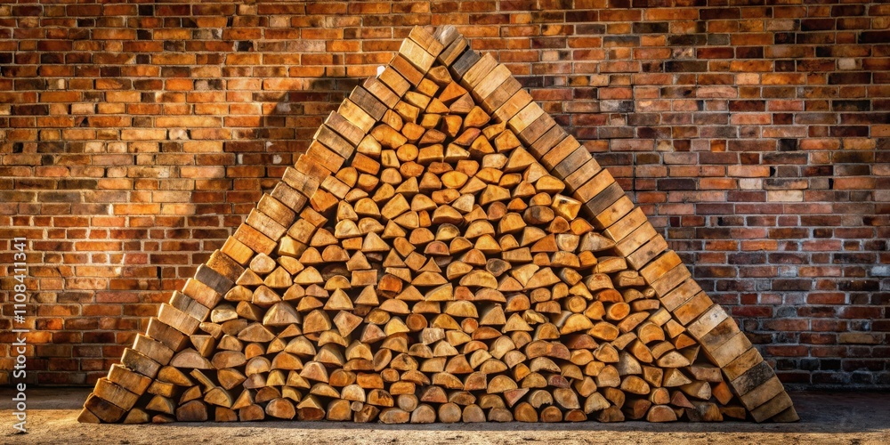 Poster a symmetrical triangular stack of firewood leans against a brick wall, casting a warm glow on the gr