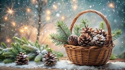 Obraz premium Wicker Basket Filled with Pine Cones and Evergreen Branches, Adorned with a Light Snowfall Against a Background of Sparkling Lights