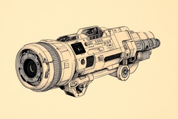 A clean, flat design of a CNC machine tool head, drawn with bold lines and geometric precision on a neutral background