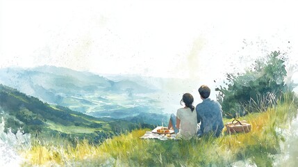 Naklejka premium A serene couple enjoying a picnic on a grassy hill, surrounded by picturesque mountains and a vibrant landscape.