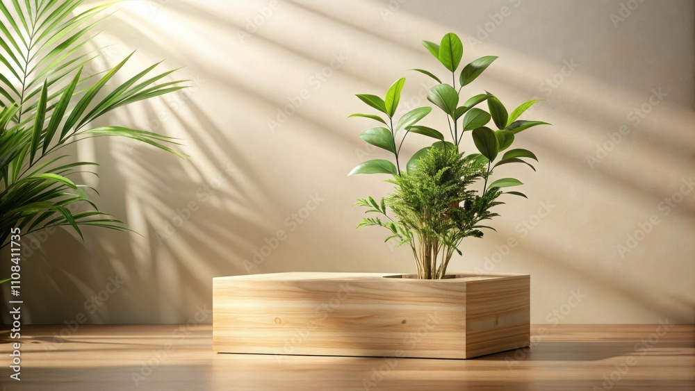 Poster a minimalistic wooden planter with a green plant and a single leafy branch casting shadows in the su