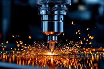 A close-up of a CNC machine cutting tool in action, with sparks flying as it carves intricate details into metal