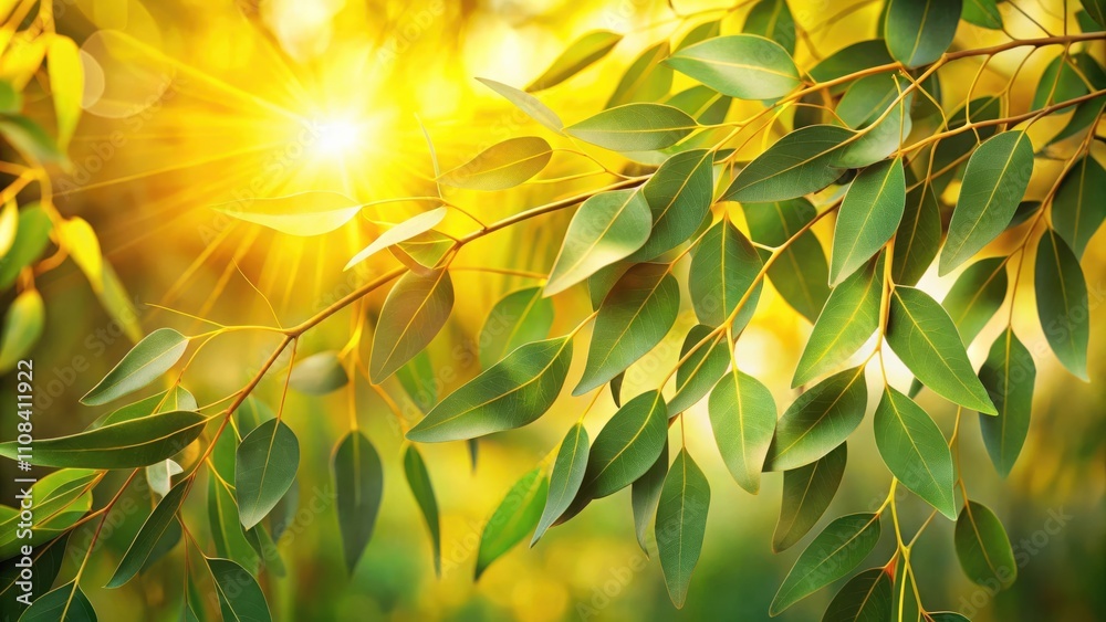 Poster sunbeams filter through lush green leaves, creating a golden glow in the forest canopy
